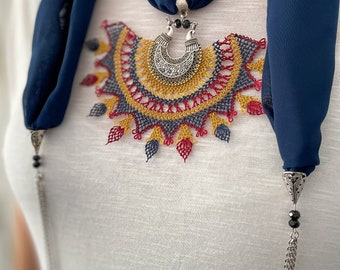 Bufanda de oya turca azul marino, bufanda de cuello de lujo para mujeres, bufanda bordada, accesorio de oya de fibra de cuentas, traje de verano retro, listo para enviar