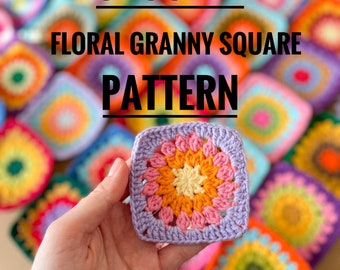 Floral granny square PATTERN, Crochet Intermediate level flower granny square PDF, Great use for making tote bags, blankets and cardigans