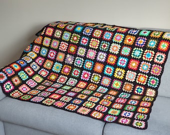 Crochet Granny Square Blanket, Retro Couch Throw