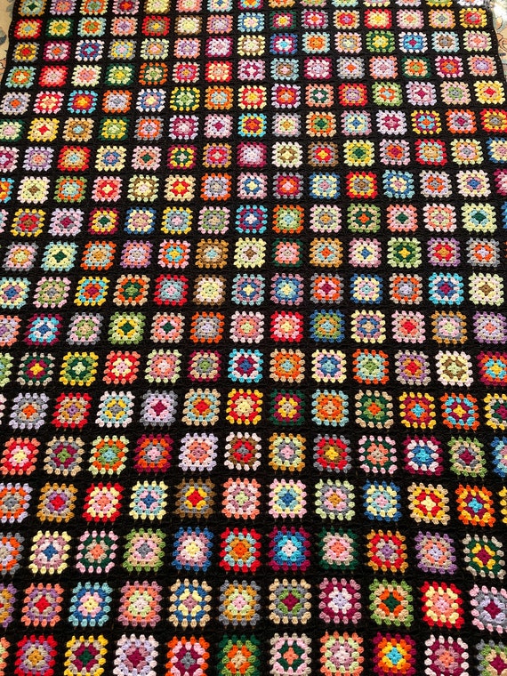 Crochet Granny Square Blanket, Retro Cotton Throw, Colorful