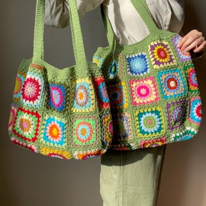 Crochet XL Green Tote Bag Floral Granny Square Tote Bag - Etsy