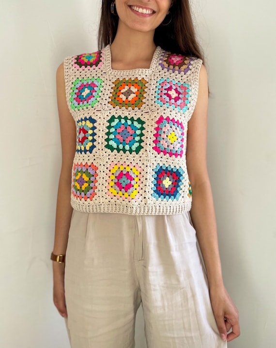 Crochet Granny Square Crop Top, Sleeveless Afghan Vest