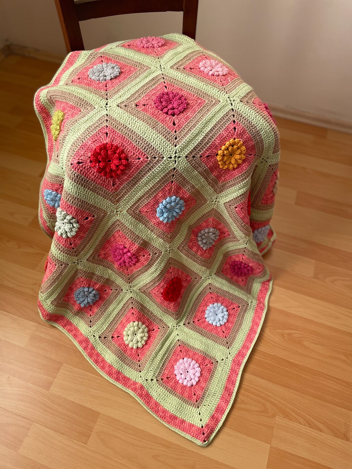 Crochet Popcorn Flower Granny Square Blanket Crochet Popcorn Etsy
