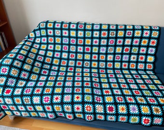 Crochet large cotton afghan, Full size napping blanket, Decorative couch throw, Retro lap blanket, Cozy blue, off white and black blanket