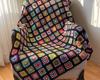 Crochet handmade afghan, Retro gift for daughter and mom, Granny square cotton blanket, Knit decorative couch throw, Large napping blanket,