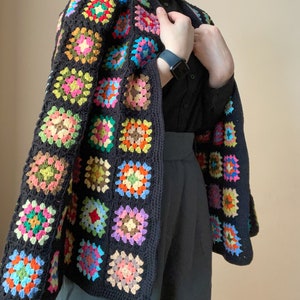 Crochet granny square cardigan, black based granny sweater, colorful retro jacket, afghan pattern cardigan, vintage style coat, Gift for her