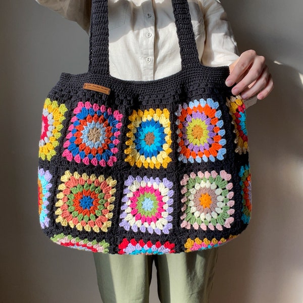 Crochet black shoulder bag, Colorful floral granny square tote bag, Cotton handmade bag, Crochet retro handbag, Afghan tote bag, Ready!