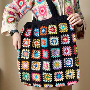 Crochet XXL granny square tote bag, Large afghan tote bag, Colorful shoulder bag, Cotton yarn, lined black tote bag, Retro tote bag, Ready