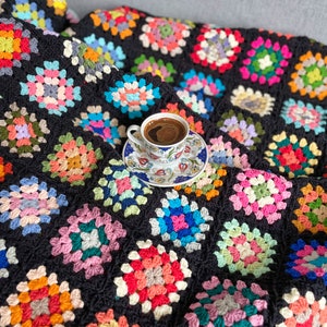 Large size black afghan, crochet granny square blanket, Roseanne&#39;s afghan, colorful bedspread, soft cotton napping blanket, family blanket
