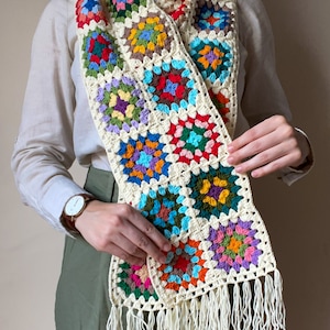 Crochet cotton granny square scarf, stylish neck accessory for winter, cream bordered afghan pattern scarf, vintage style soft warm shawl