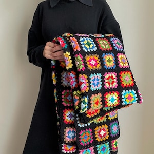 Manta cuadrada de abuela tejida a crochet, manta de algodón de tamaño completo, regalo hecho a mano para el hogar, manta de sofá retro colorida, manta decorativa