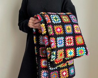 Crochet Granny Square Blanket, Retro Cotton Throw, Colorful Handmade Afghan