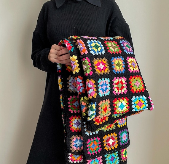 Crochet Granny Square Blanket, Retro Cotton Throw, Colorful
