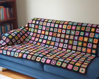 Crochet Roseanne's afghan, Traditional grandmother blanket, Multi-colored granny square blanket, Cotton black decorative couch throw