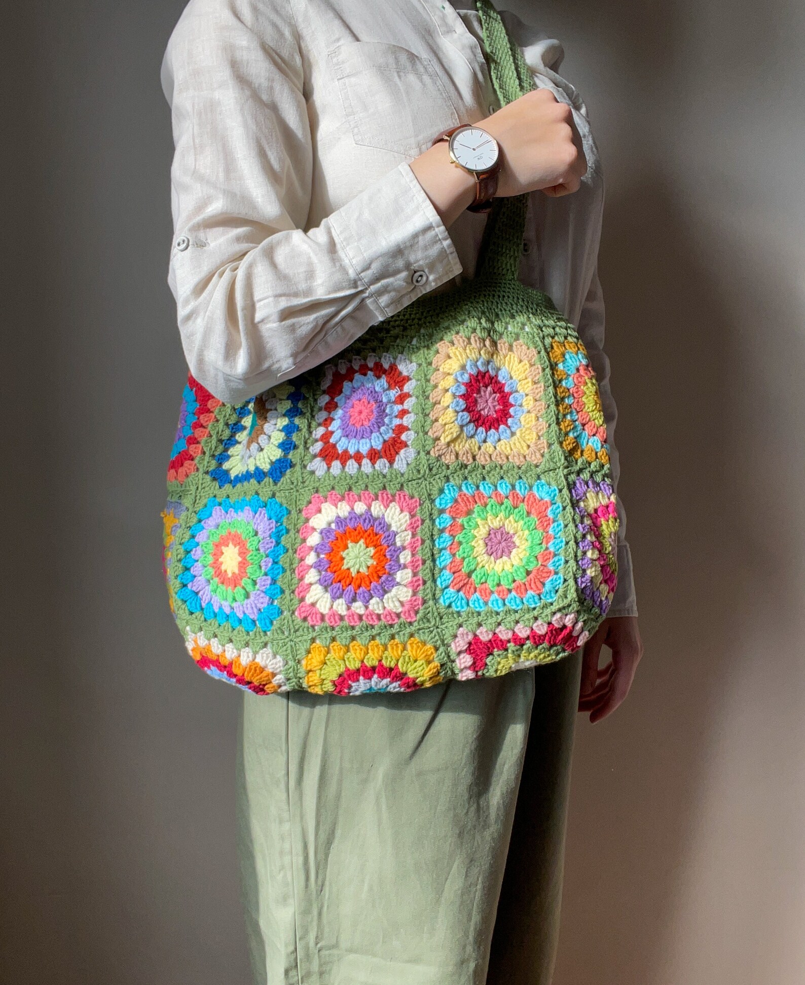 Crochet Green Tote Bag Retro Cotton Shoulder Bag Hand Knit Etsy