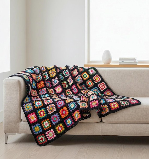 その他 USA Vintage Granny Blanket Handmade Crochet Granny Square Blanket – Colorful Vintage-style