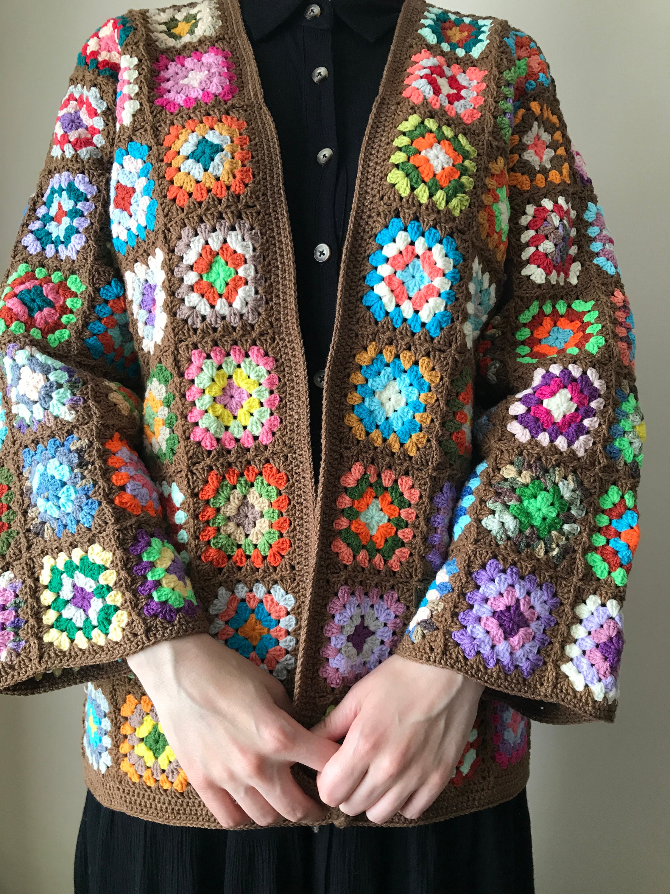 Crochet Granny Square Cardigan, Brown Based Retro Jacket, Vintage Style Sweater, Boho Chic Coat, Patchwork Jacket, S/M US Women's Letter - Etsy Crochet Granny Square Cardigan, Brown Based Retro Jacket, Vintage Style Sweater, Boho Chic Coat, Patchwork Jacket, S/M US Women's Letter - Etsy