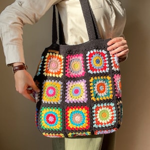 Bolso tote XL de ganchillo, bolso de hombro cuadrado de la abuela, bolso de mano grande forrado de algodón, bolso de hombro afgano floral retro, bolso Boho, regalo para la madre imagen 6