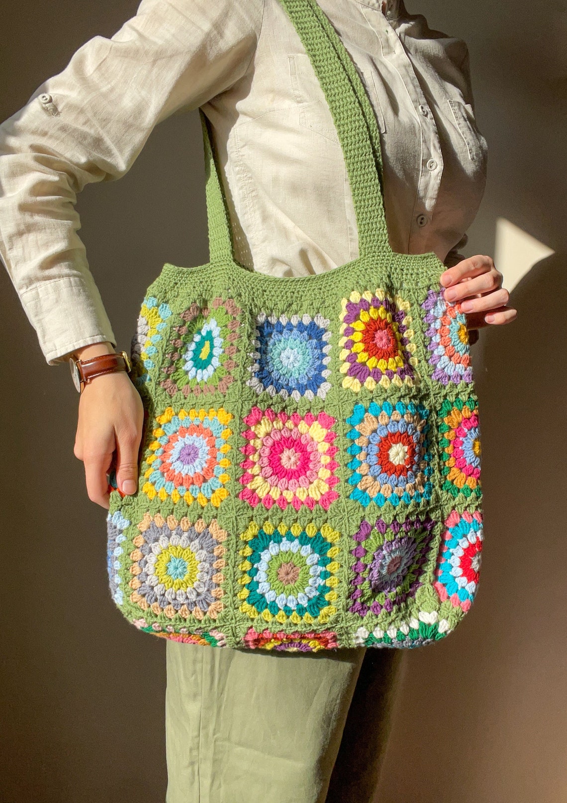Crochet XL Green Tote Bag Floral Granny Square Tote Bag - Etsy