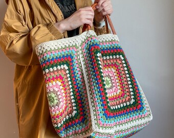 Extra Large Crochet Weekender Bag with Leather Handles – Handmade Boho Travel Tote