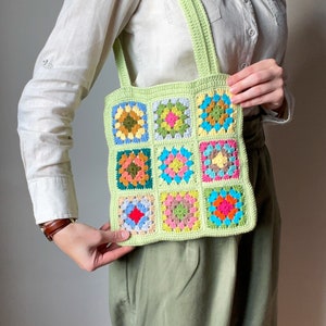 Sac à bandoulière au crochet crème citron vert, sac fourre-tout carré rétro grand-mère, sac de tous les jours en coton, sac à main vintage au crochet, cadeau chic et élégant pour elle