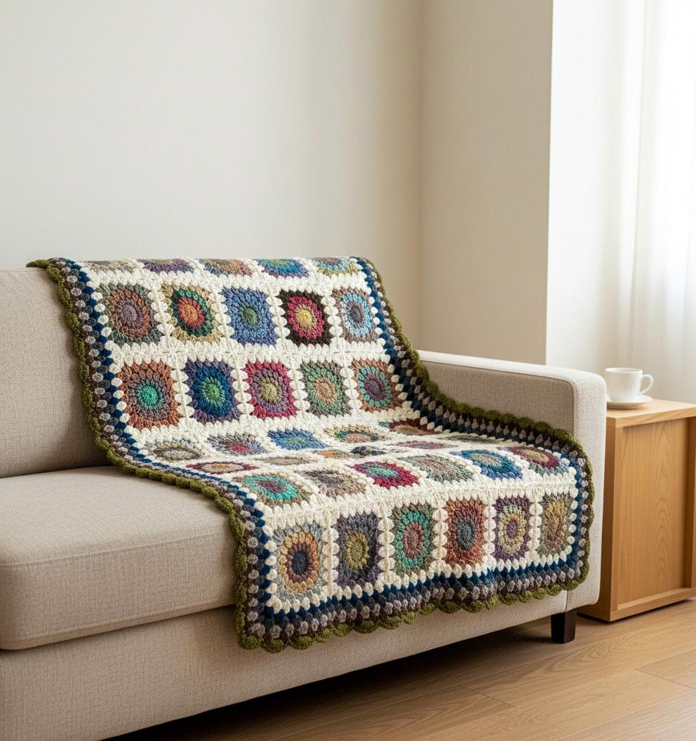 Crochet Starburst Granny Square Wool Blanket, Retro Afghan Tie-dye