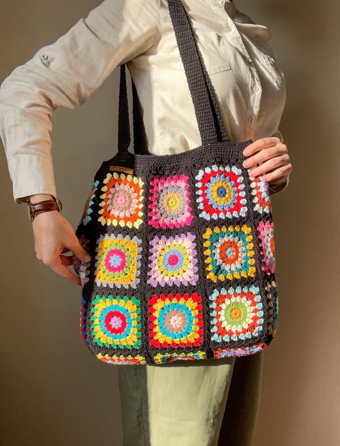 Crochet XL Black Flower Tote Bag, Floral Granny Square Tote Bag, Cotton ...