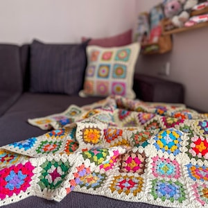 Crochet cream bordered afghan, decorative granny square couch throw, cotton receiving blanket, retro napping blanket, cozy lap blanket