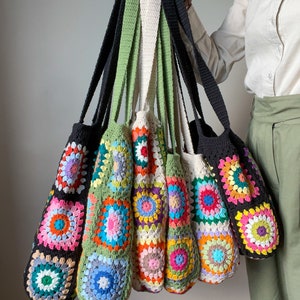 Crochet XL tote bag, Granny square shoulder bag, Cotton lined large tote bag, Retro floral afghan shoulder bag, Boho purse, Gift for mother image 8