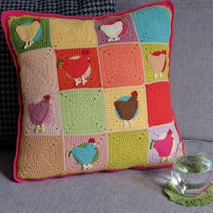 Colorful crochet animals pillow cover for kids, Chicken and rooster figures, Funny cushion case, Decorative pillow for nursery, Gift for kid
