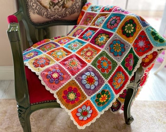 Crochet African flower decorative couch throw, Granny square lap blanket, Vibrant colors afghan, Boho cotton throw, Homemade gift for mother