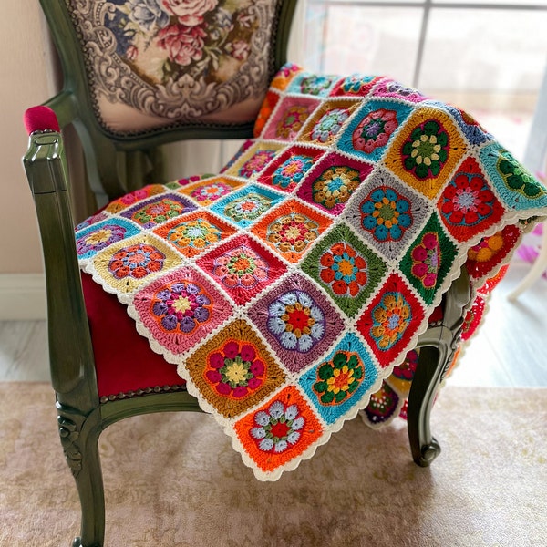 Crochet African flower decorative couch throw, Granny square lap blanket, Vibrant colors afghan, Boho cotton throw, Homemade gift for mother