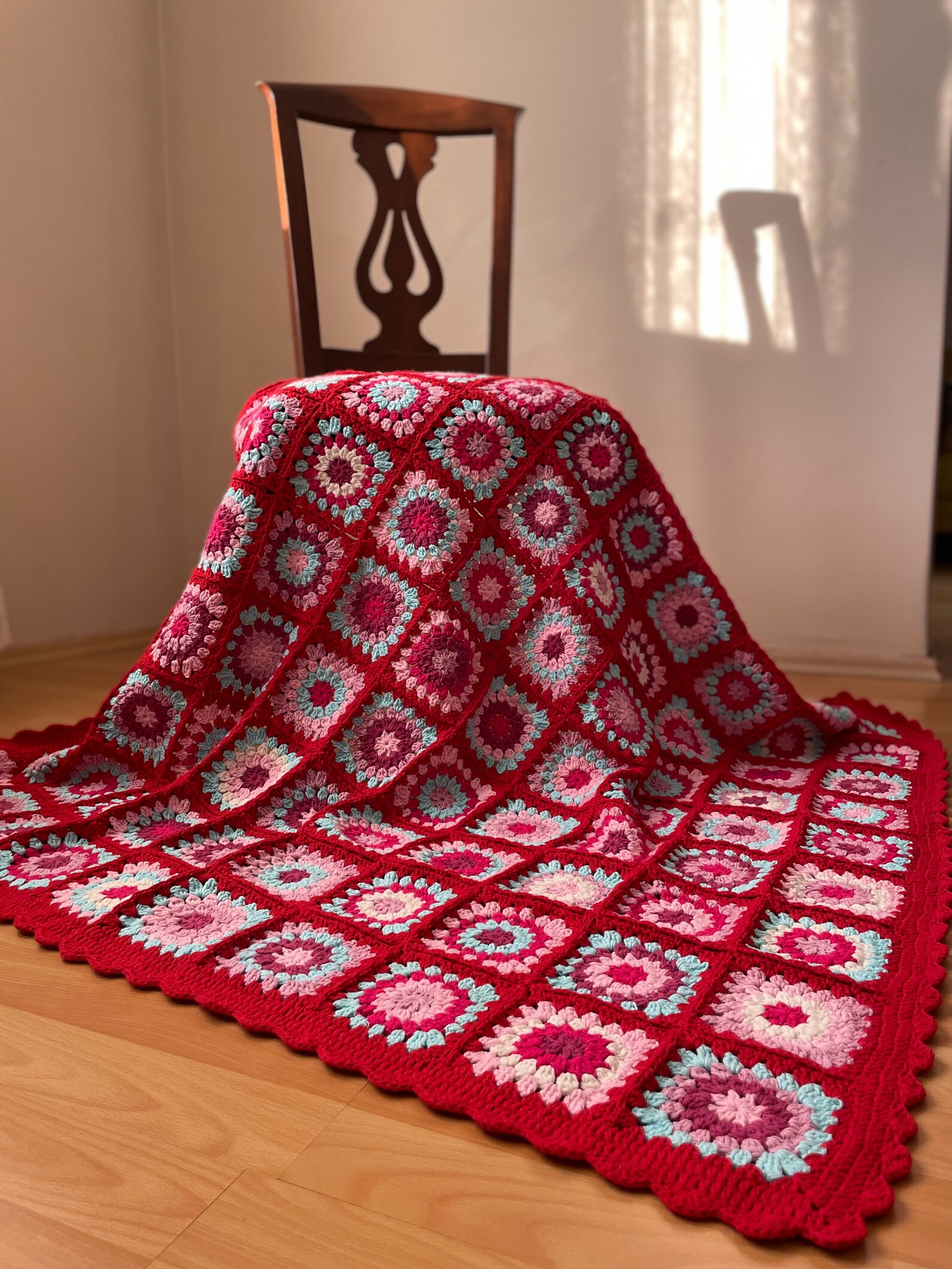 Crochet Floral Granny Square Lap Blanket Red and Pink Flowers Etsy