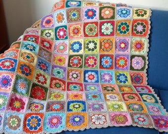 Crochet African flowers afghan, Cotton granny square lap blanket, Decorative boho blanket, Homemade retro couch throw, Gift for Valentine