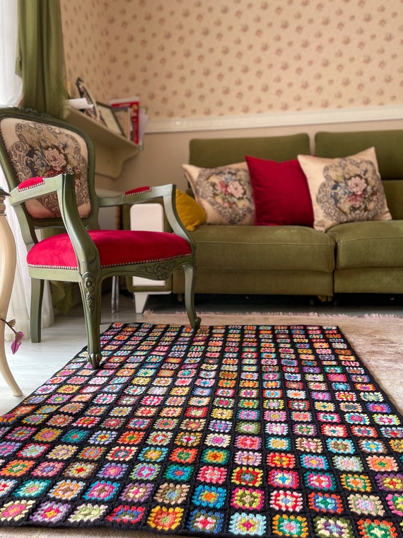 Crochet Granny Square Rug, Boho Retro Carpet, Fireplace Floor