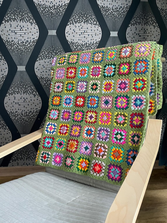 Crochet Granny Square Afghan, Colorful Cotton Lap Blanket, Retro