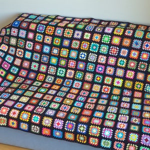 Crochet full size cotton afghan, Roseanne&#39;s blanket, Colorful granny square couch throw, Twin bed bedspread, Retro decorative granny blanket