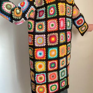 Long patchwork sweater, granny square cardigan, vintage style long jacket, boho floral sweater, comfy lightweight layer, black sweater vest