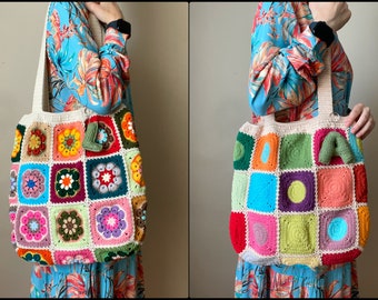 Crochet african flower tote bag, Personalized with letter accessory, Retro circle granny square hobo bag, Homemade boho bags for all seasons