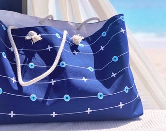 Evil Eye Weekender Bag - Weekender Beach Bag - Greek Beach Bag - Evil Eye Beach Bag - Jewelry Tote Bag - Womens Tote Bag - Travel Tote Bag