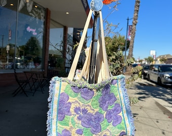 Vintage Textile Tote Bag Purse | Upcycled Table Mat Pansy and Flowers Purple Lavender Green Bag