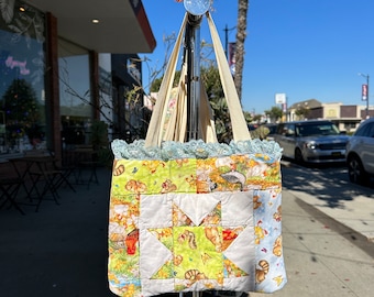 Vintage Quilt Tote Bag Purse | Upcycled Chicken Ducks Bunnies and Raccoons Quilt Bag for Spring with Blue Lace