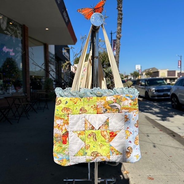 Vintage Quilt Tote Bag Purse | Upcycled Chicken Ducks Bunnies and Raccoons Quilt Bag for Spring with Blue Lace