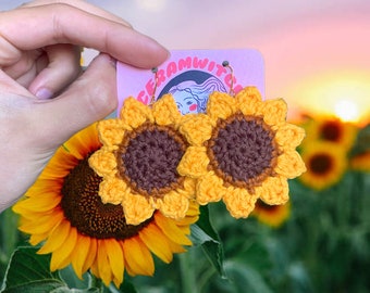 Sunflower Statement Earrings | Crochet Handmade Statement Earrings | Cottagecore Floral Nature Summer Fall Garden | Fiber Macrame Jewelry