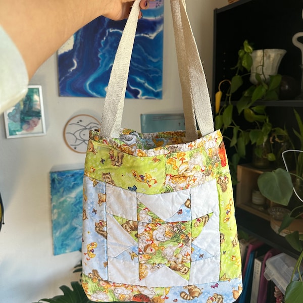 Vintage Quilt Tote Bag | Upcycled Chicken Ducks Bunnies and Raccoons Quilt Bag for Spring