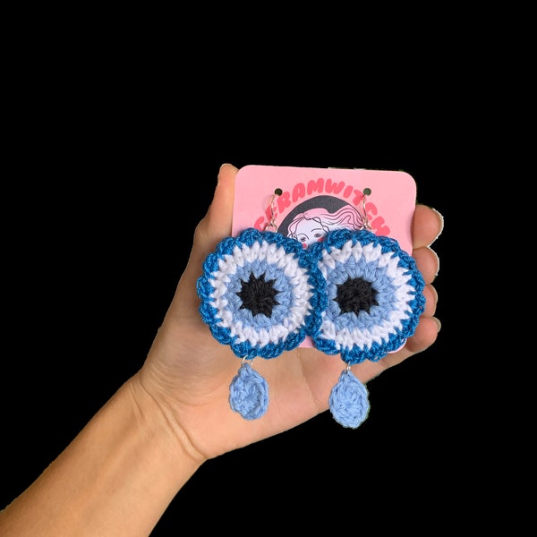Lace Ruffle Nazar Evil Eye Crochet Earrings | Handmade Scalloped Mal De Ojo Statement Dangles