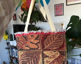 Vintage Textile Tote Bag Purse | Upcycled Table Mat Fall and Autumn Orange Leaf Bag