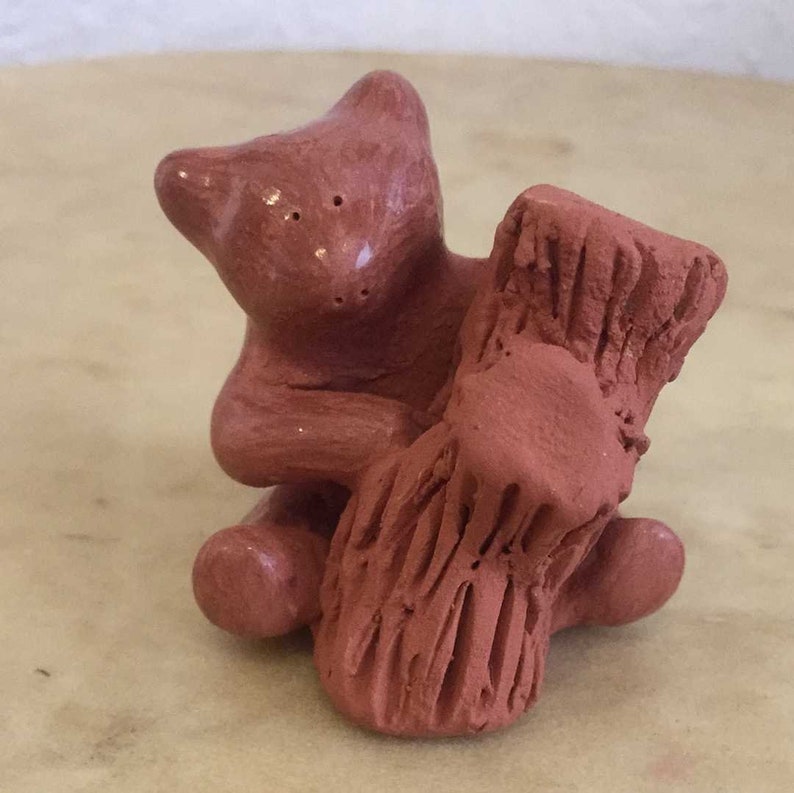 Dorothy Gutierrez Whimsical Redware Santa Clara Bear with Log Pueblo Pottery