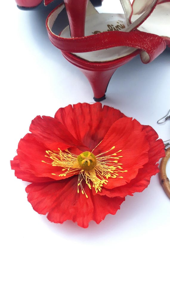 Tropical Hibiscus Lily Hair Flower Clip Red Yellow Tiki Pinup Rockabilly Large Pin up Style Tropical Island Rose Hair Clip by  main image 2
