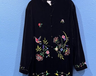 Vintage Susan Graver Black Velvet Kimono Style Embroidered Bird Jacket Large